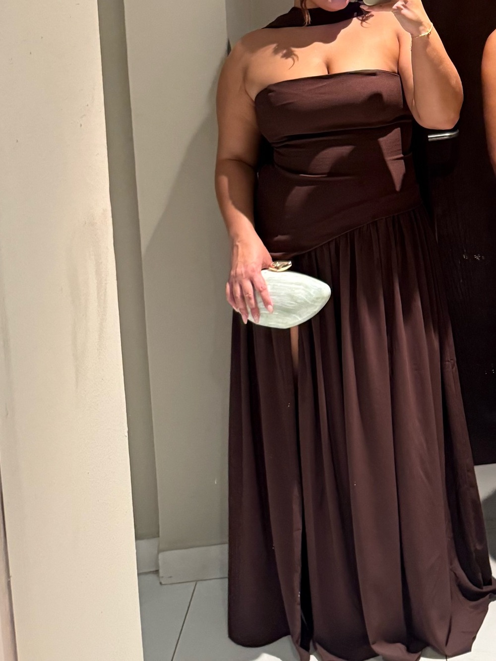 Babyboo Strapless Chocolate Brown Evening Gown with Side Slit and Neck Scarf